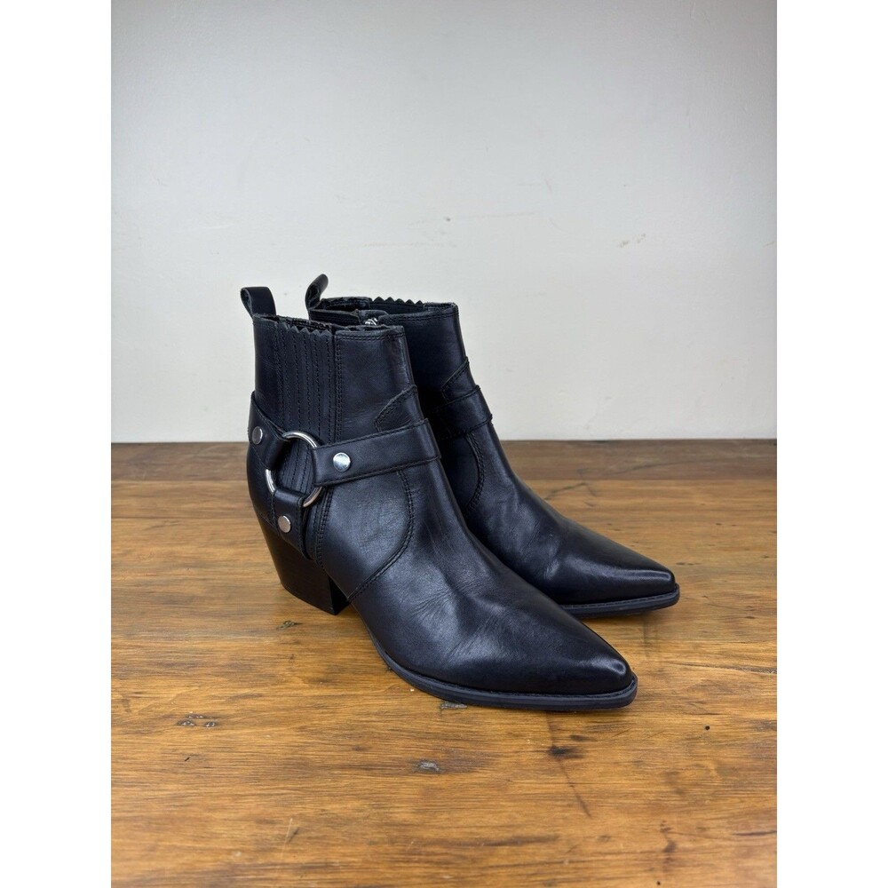 Marc Fisher Halie Black Leather Pointed Toe Block Heel Ankle Boots Women's 10M